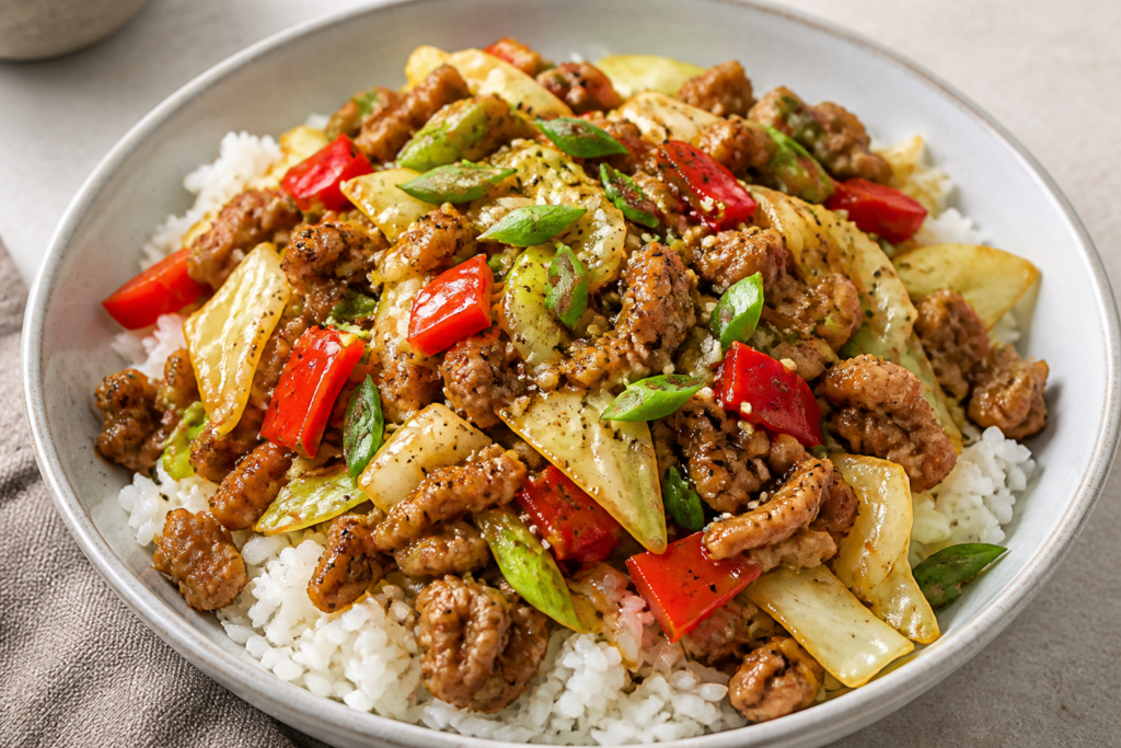 Black Pepper Chinese Turkey Stir Fry with cabbage, red bell pepper, scallions, jasmine rice, and glossy black pepper sauce.
