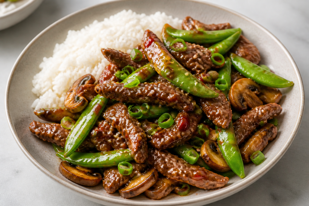 Sweet Chili Chinese Beef Stir Fry with snap peas, mushrooms, jasmine rice, and glossy sweet chili sauce.