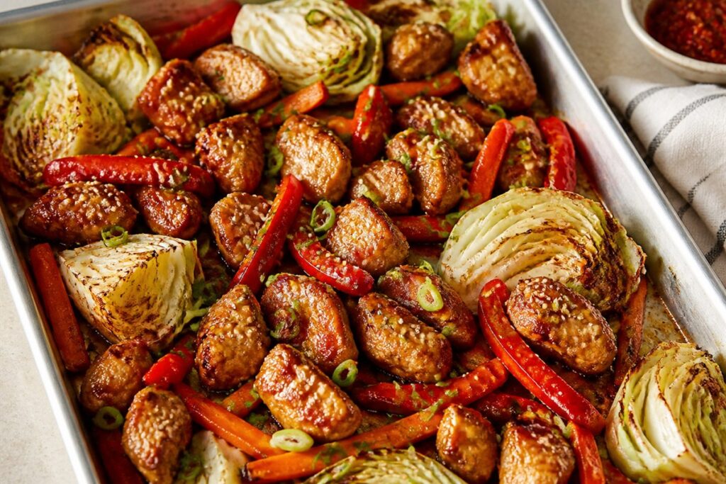Sweet heat Chinese turkey sheet pan dinner with cabbage lifestyle food photo