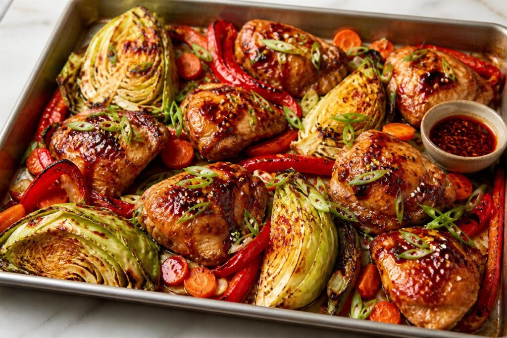 Ginger chili crisp chicken sheet pan dinner with cabbage lifestyle food photo