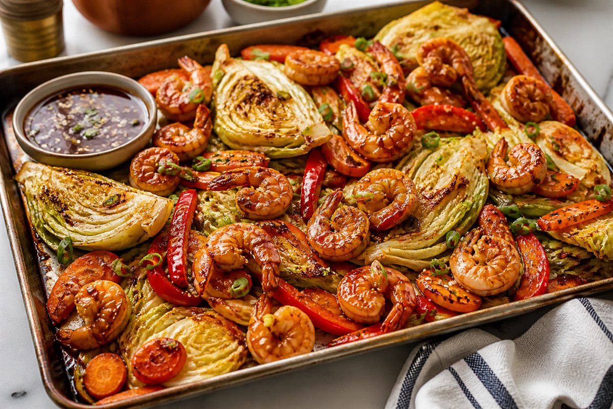Ginger plum sauce shrimp sheet pan dinner with cabbage lifestyle food photo