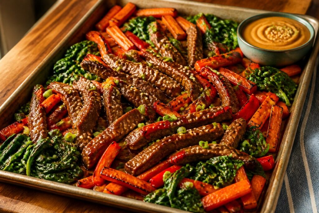 Ginger peanut sauce beef sheet pan dinner with spinach lifestyle food photo