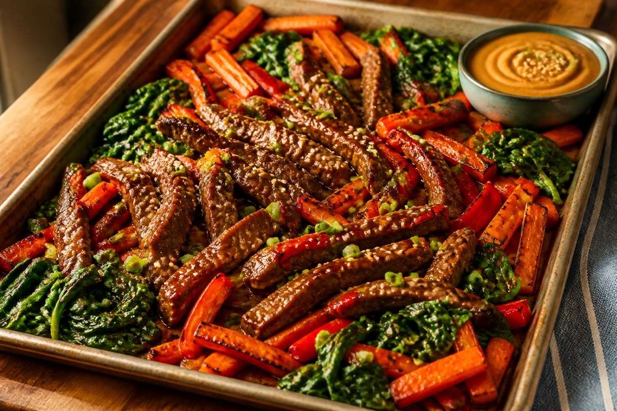 Ginger peanut sauce beef sheet pan dinner with spinach lifestyle food photo