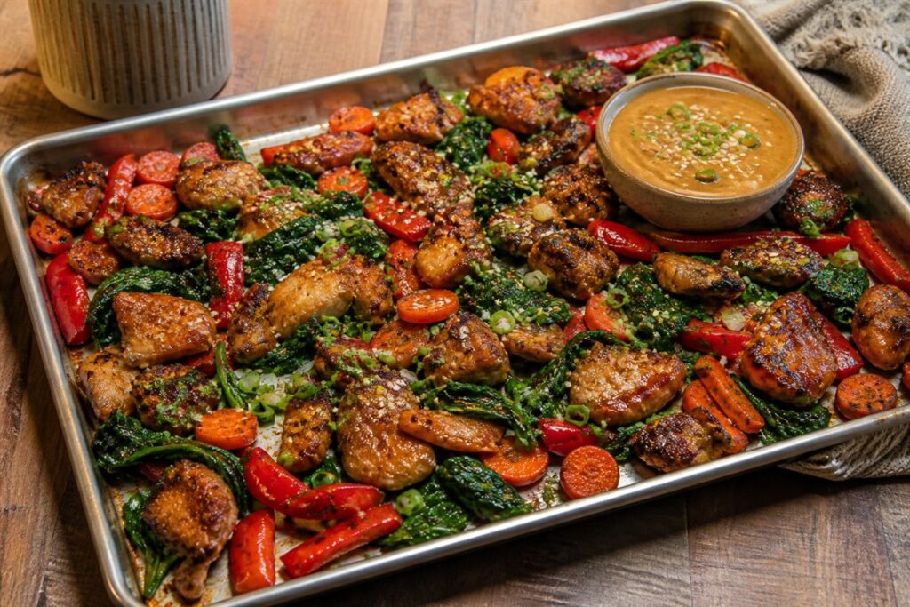 Ginger peanut sauce pork sheet pan dinner with spinach lifestyle food photo