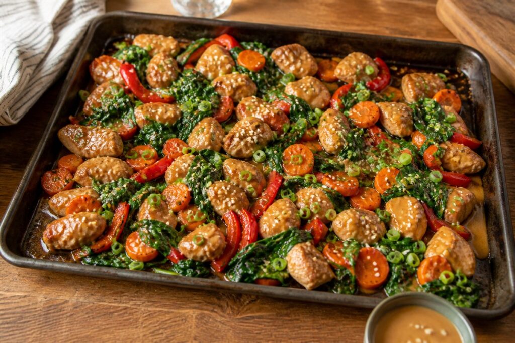 Ginger peanut sauce turkey sheet pan dinner with spinach lifestyle food photo