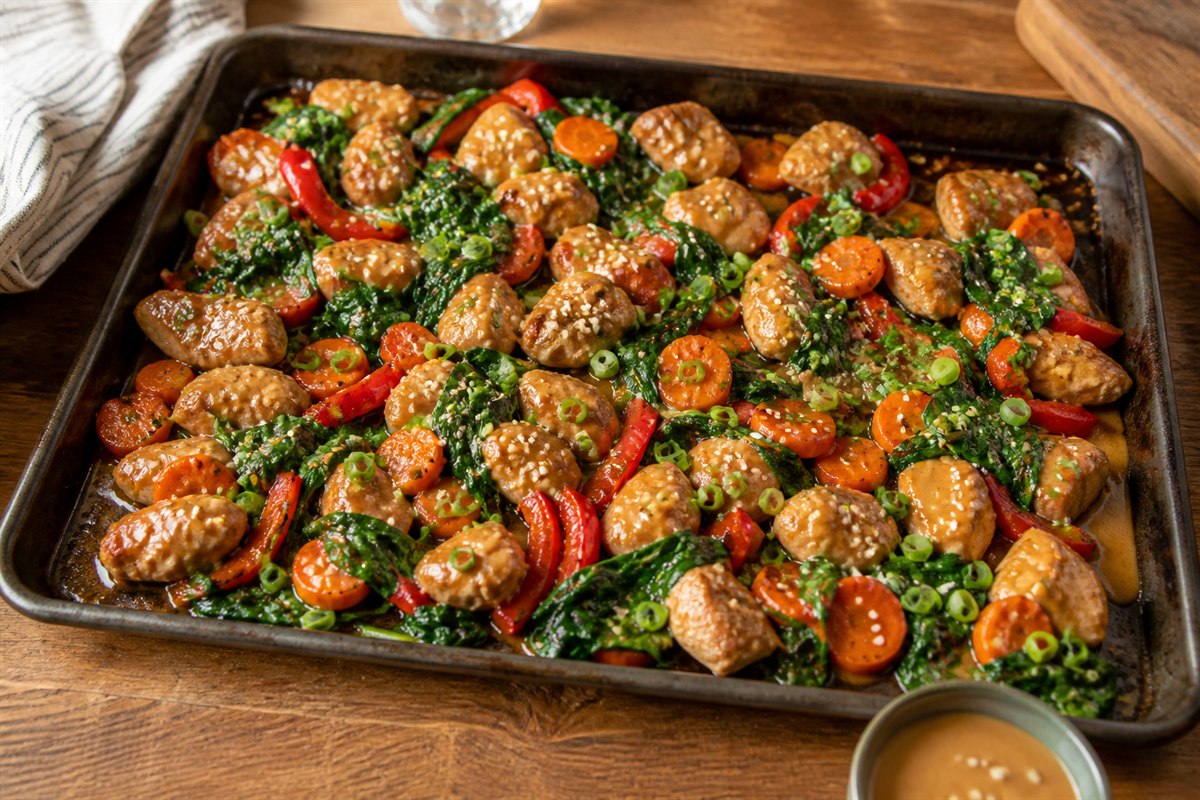 Ginger peanut sauce turkey sheet pan dinner with spinach lifestyle food photo