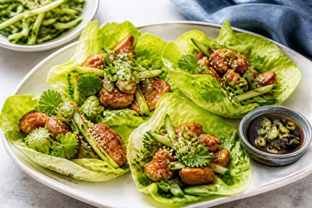 Ginger soy sauce chicken lettuce wraps with cucumber slaw lifestyle food photo