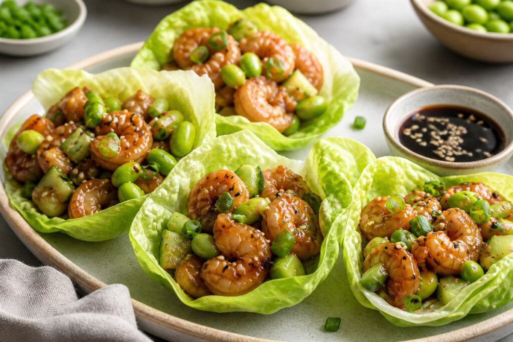 Sesame soy sauce shrimp lettuce wraps with edamame lifestyle food photo