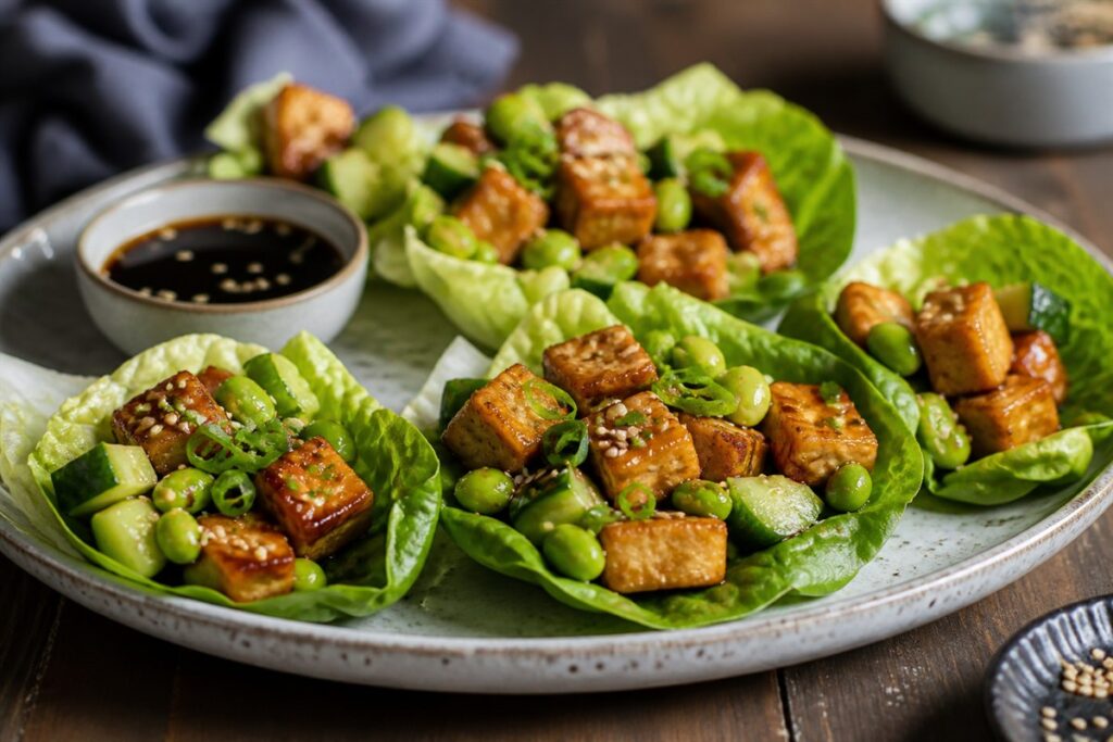 Sesame soy sauce tofu lettuce wraps with edamame lifestyle food photo