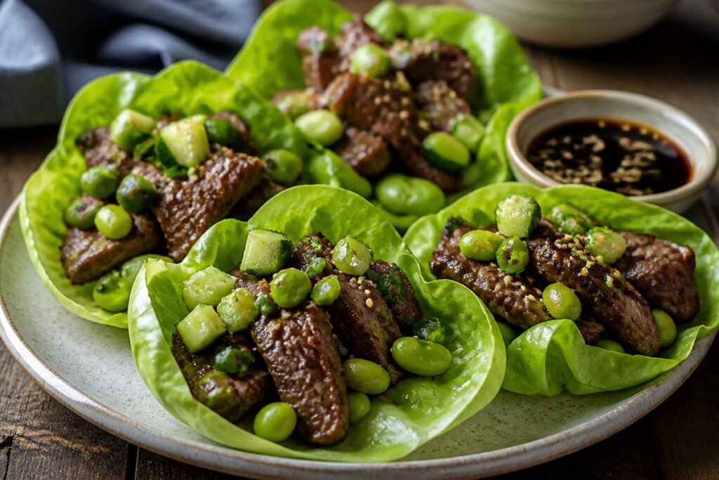 Sesame soy sauce beef lettuce wraps with edamame lifestyle food photo