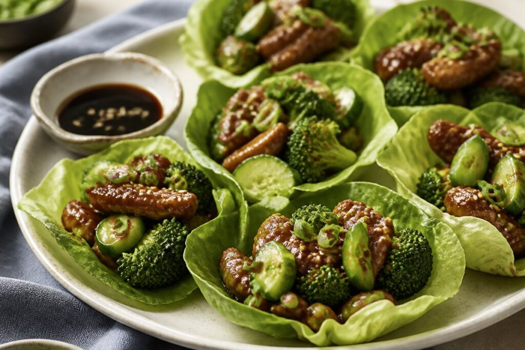 Sesame soy sauce pork lettuce wraps with broccoli lifestyle food photo