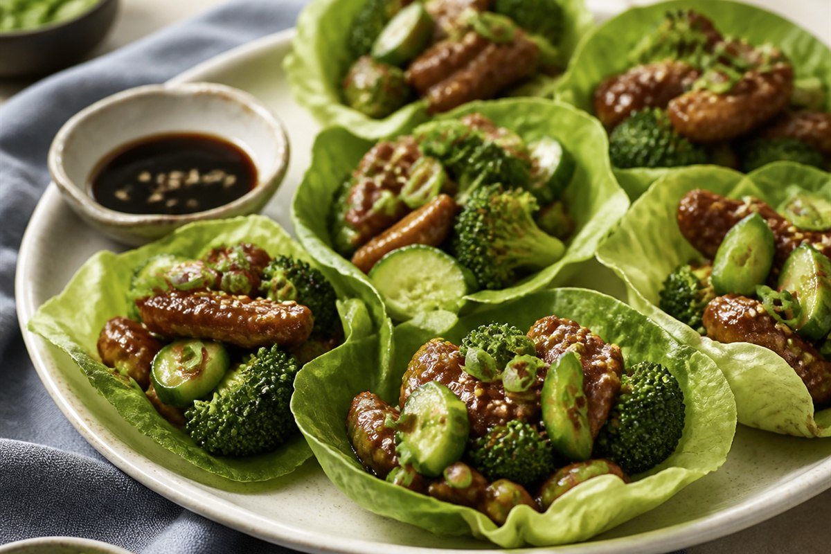 Sesame soy sauce pork lettuce wraps with broccoli lifestyle food photo
