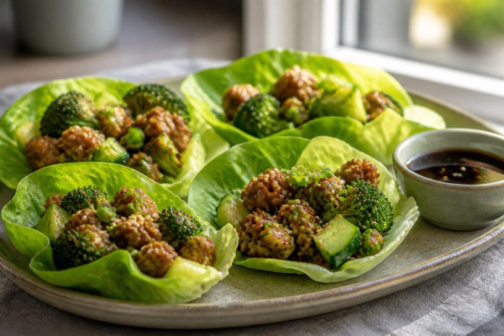 Sesame soy sauce turkey lettuce wraps with broccoli lifestyle food photo