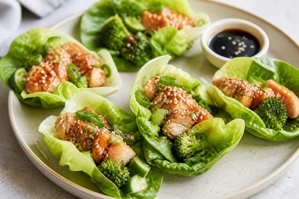 Sesame soy sauce fish lettuce wraps with broccoli lifestyle food photo