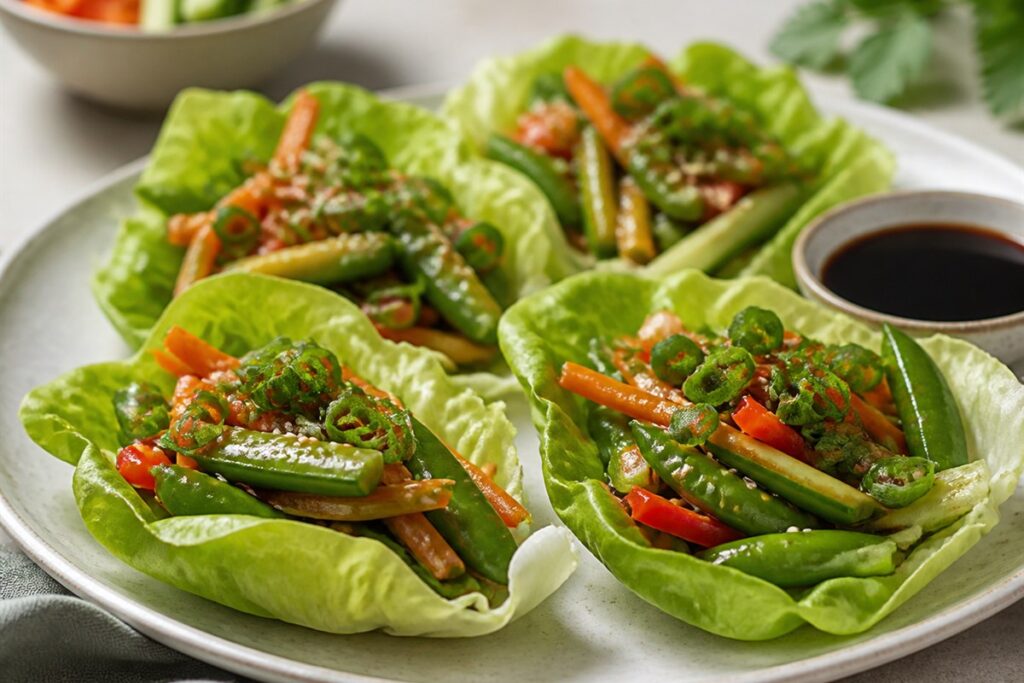 Sesame soy sauce vegetables lettuce wraps with snap peas lifestyle food photo