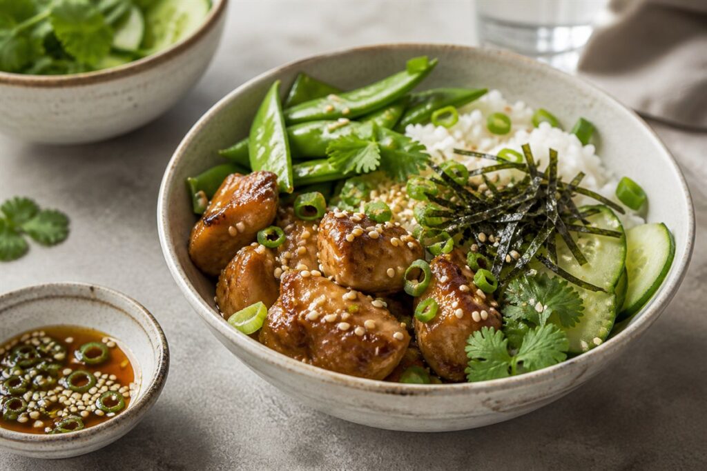 Sesame fish sauce chicken sushi bowl with snap peas lifestyle food photo