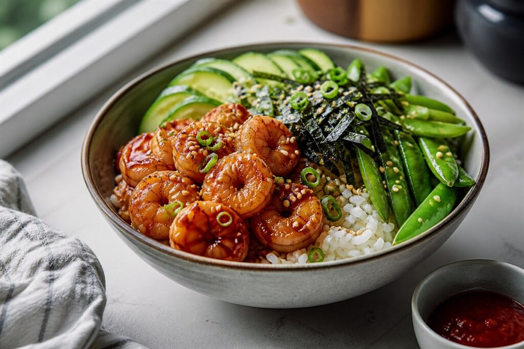Sesame gochujang sauce shrimp sushi bowl with snap peas lifestyle food photo