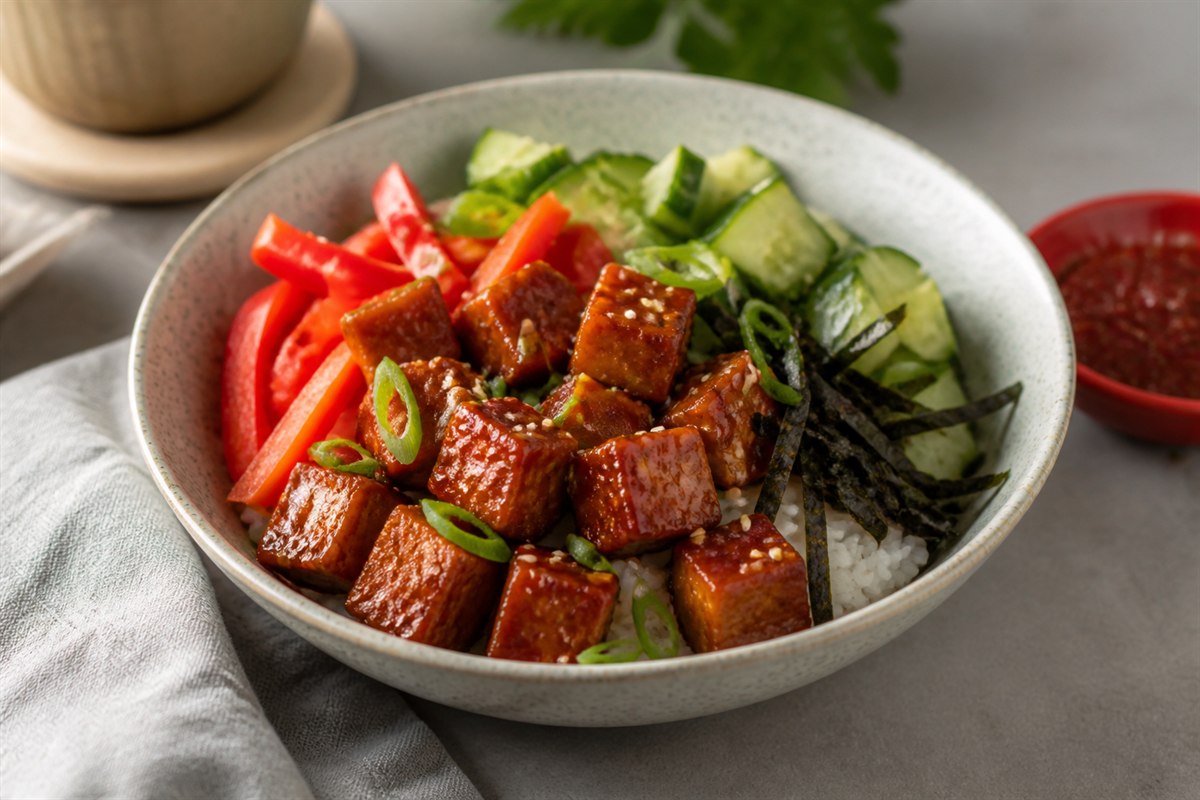 Sesame Szechuan sauce tofu sushi bowl with red bell pepper lifestyle food photo