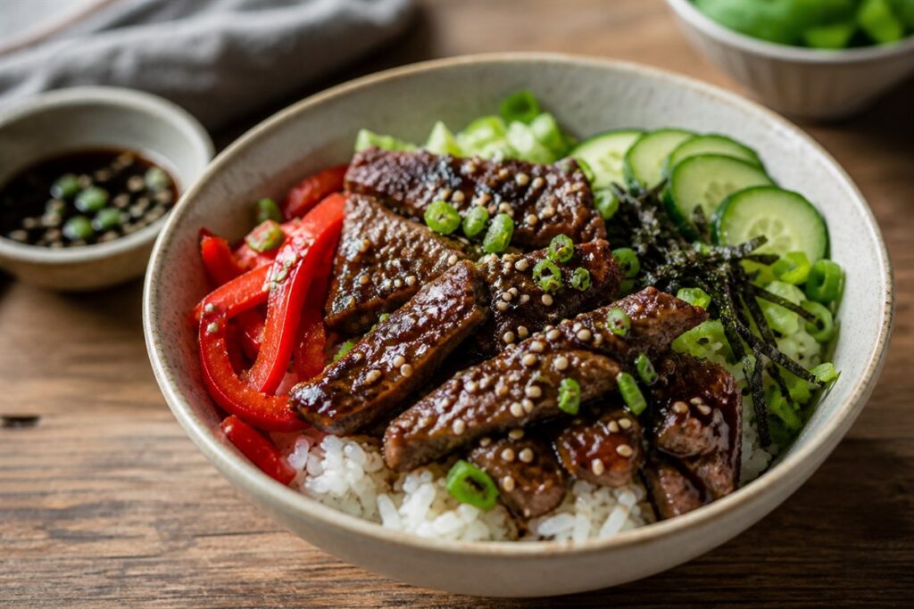 Sesame kung pao sauce beef sushi bowl with red bell pepper lifestyle food photo