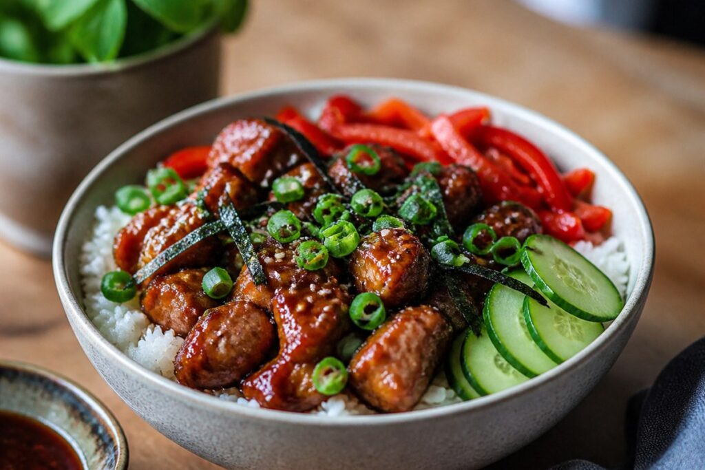 Crispy Korean BBQ sauce pork sushi bowl with red bell pepper lifestyle food photo