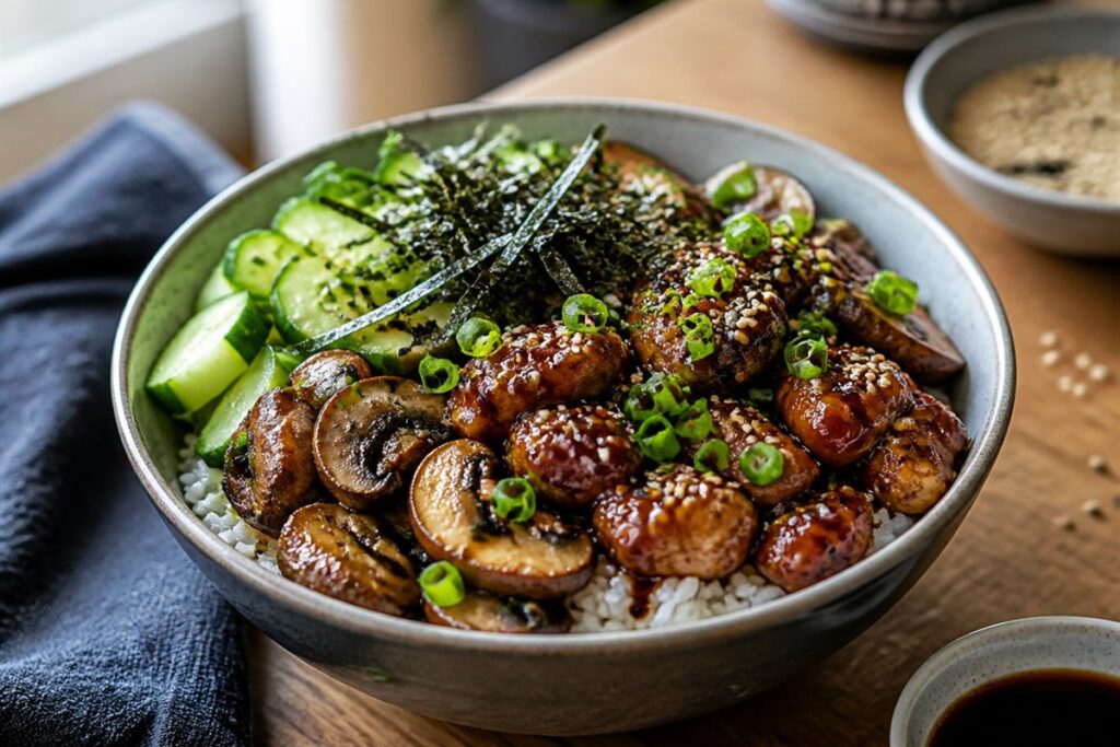 Crispy unagi sauce turkey sushi bowl with mushrooms lifestyle food photo