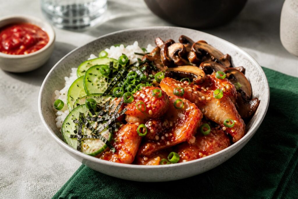 Crispy sambal oelek fish sushi bowl with mushrooms lifestyle food photo