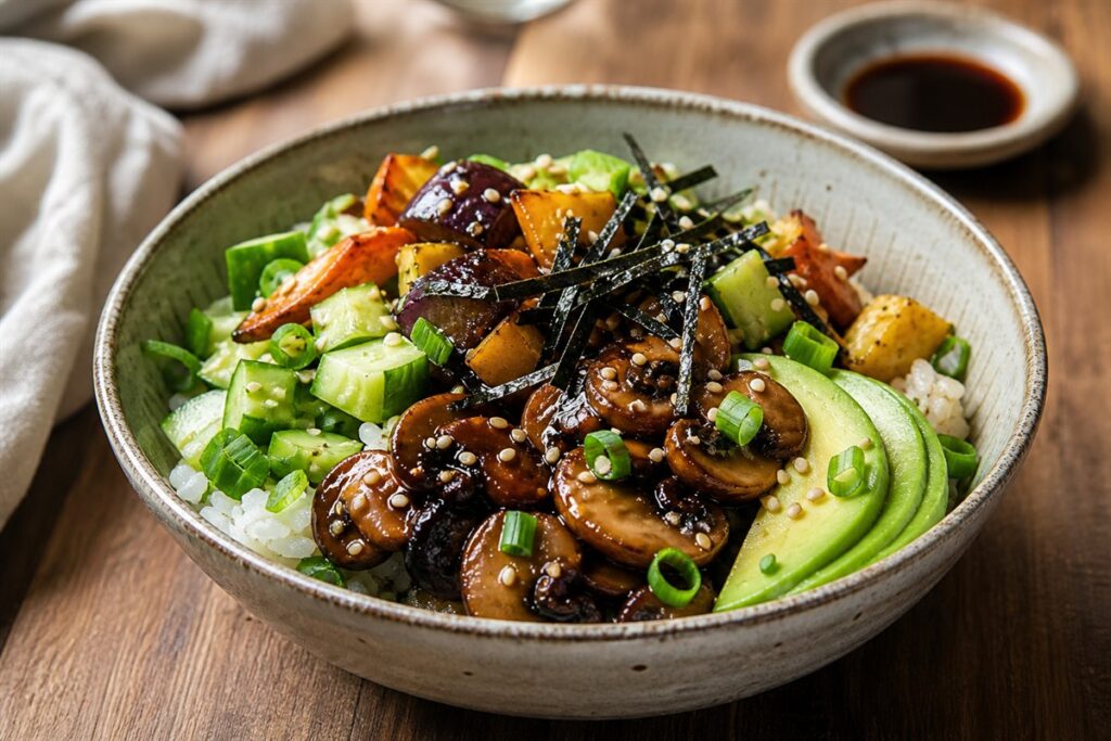 Crispy sweet soy sauce vegetables sushi bowl with mushrooms lifestyle food photo