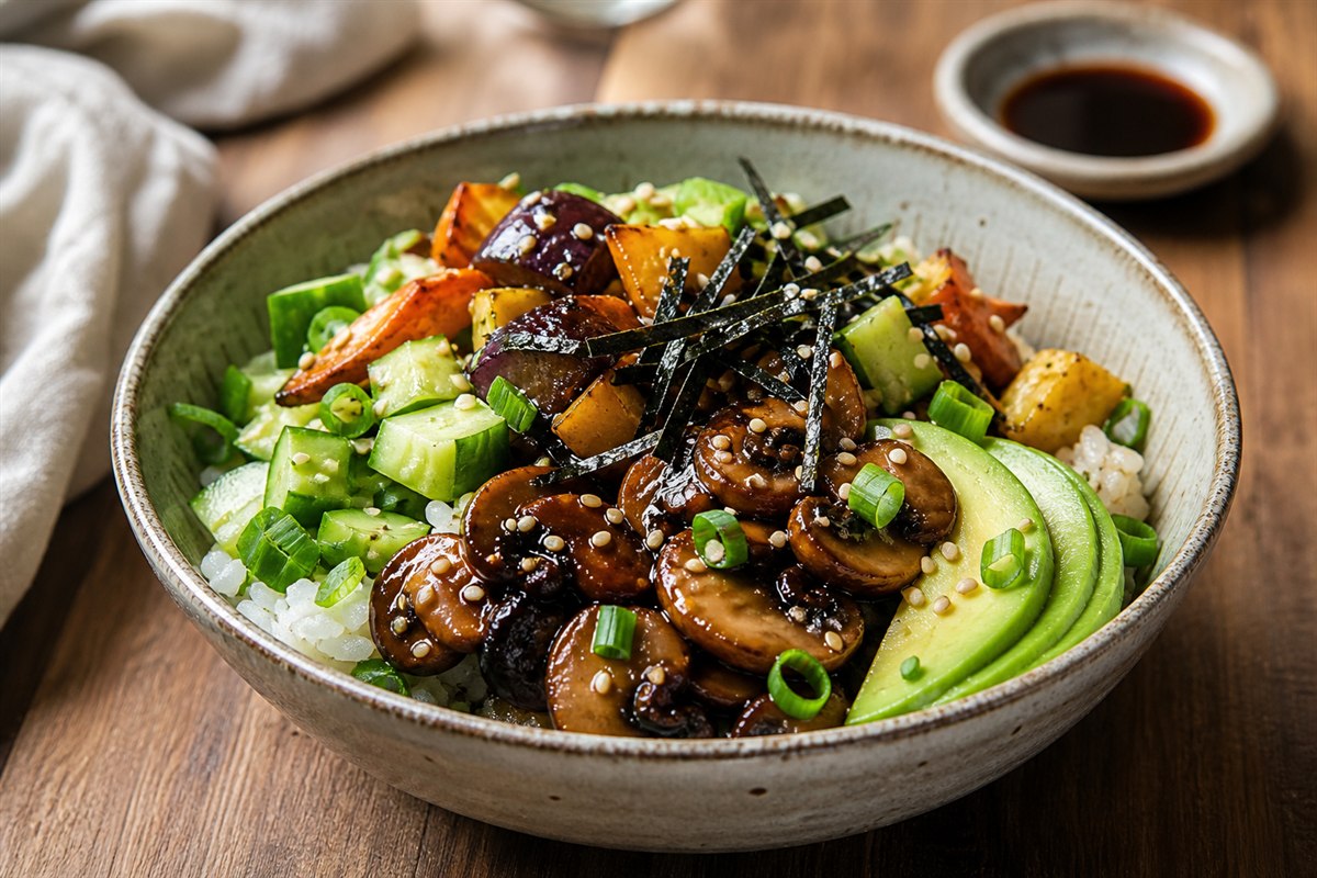 Crispy sweet soy sauce vegetables sushi bowl with mushrooms lifestyle food photo