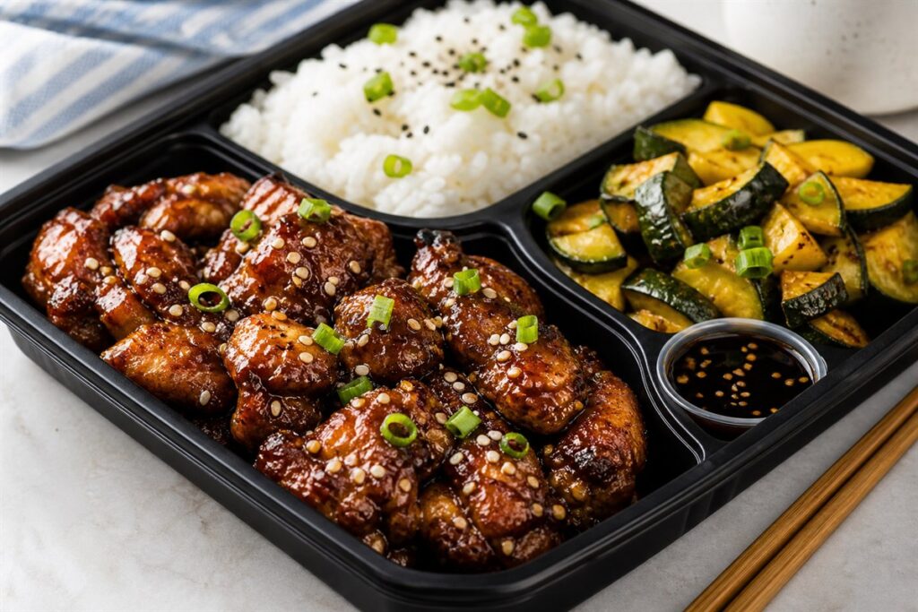 Crispy sweet soy sauce chicken bento box with zucchini lifestyle food photo