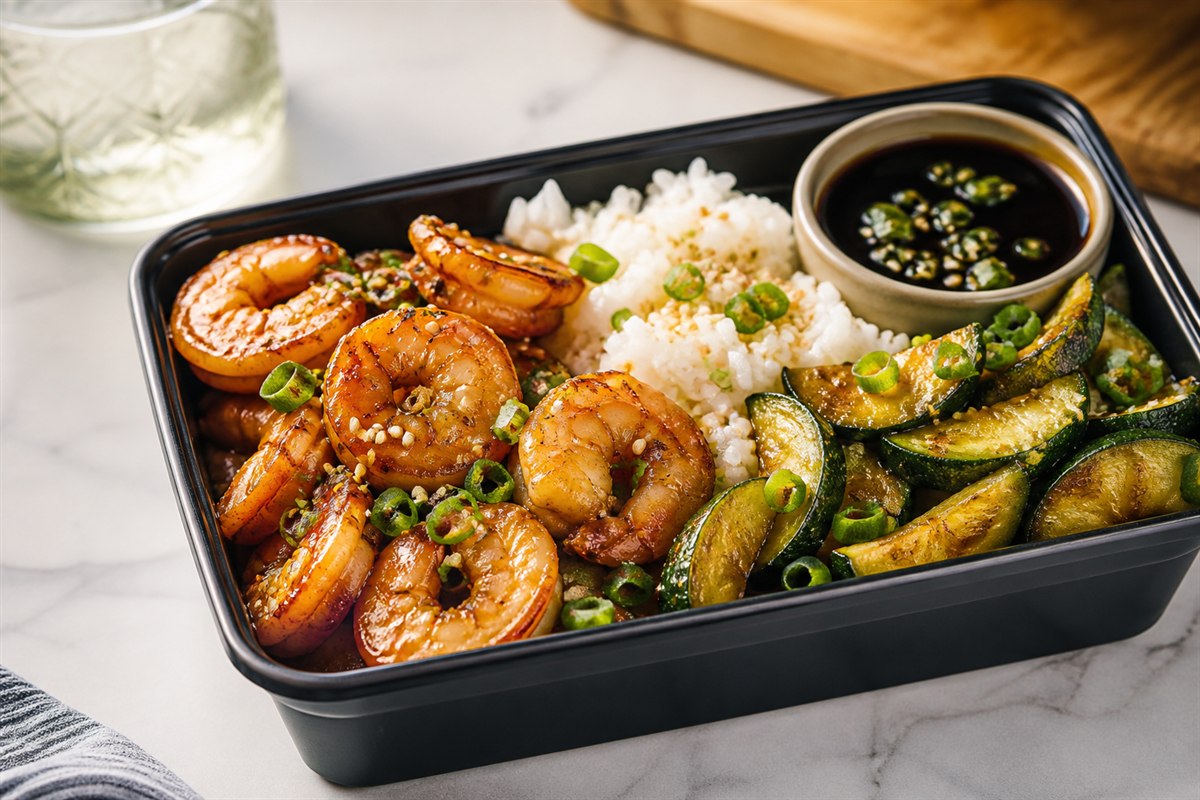 Crispy soy sauce shrimp bento box with zucchini lifestyle food photo