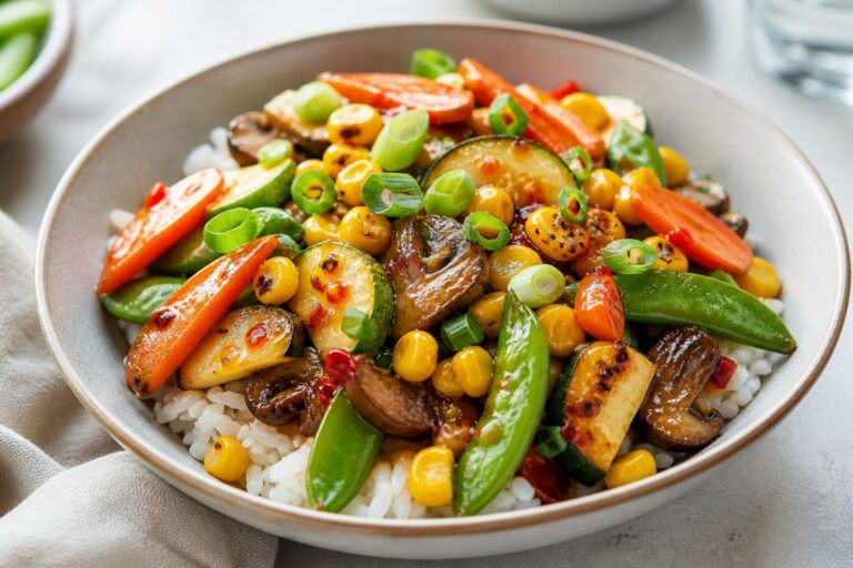 Orange Ginger Chinese Vegetables Noodle Bowl with cucumber herbs finished recipe with vegetables and sauce