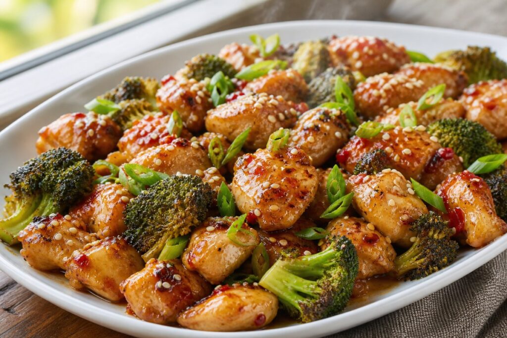 Miso Chili Chinese Chicken Rice Bowl with green beans finished recipe with vegetables and sauce