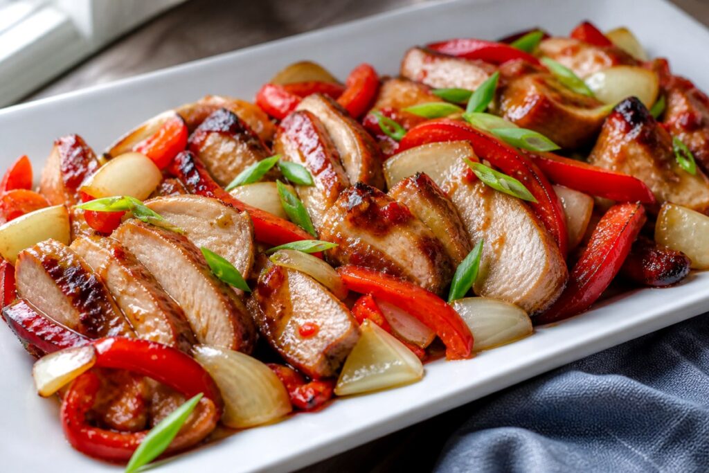 Herb Lime Chinese Pork Rice Bowl with carrots finished recipe with vegetables and sauce