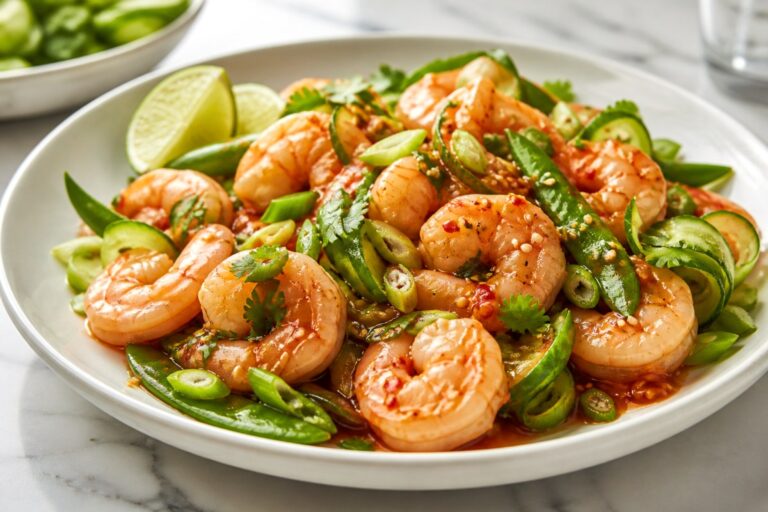 Smoky Sweet Chili Chinese Shrimp Rice Bowl with mushrooms finished recipe with vegetables and sauce