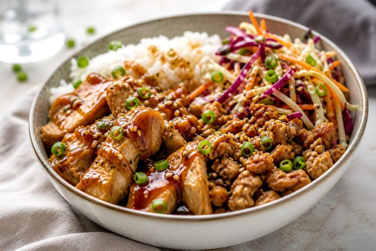Roasted Garlic Chinese Turkey Rice Bowl with slaw finished recipe with vegetables and sauce