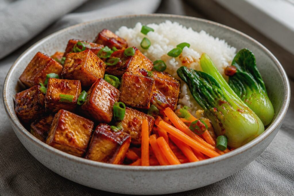 Crispy Chili Chinese Tofu Rice Bowl with bok choy finished recipe with vegetables and sauce