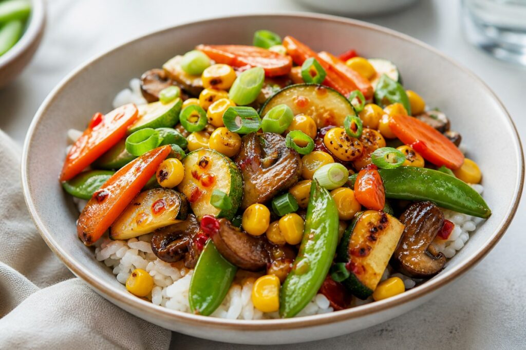 Brown Sugar Soy Chinese Vegetables Rice Bowl with corn finished recipe with vegetables and sauce