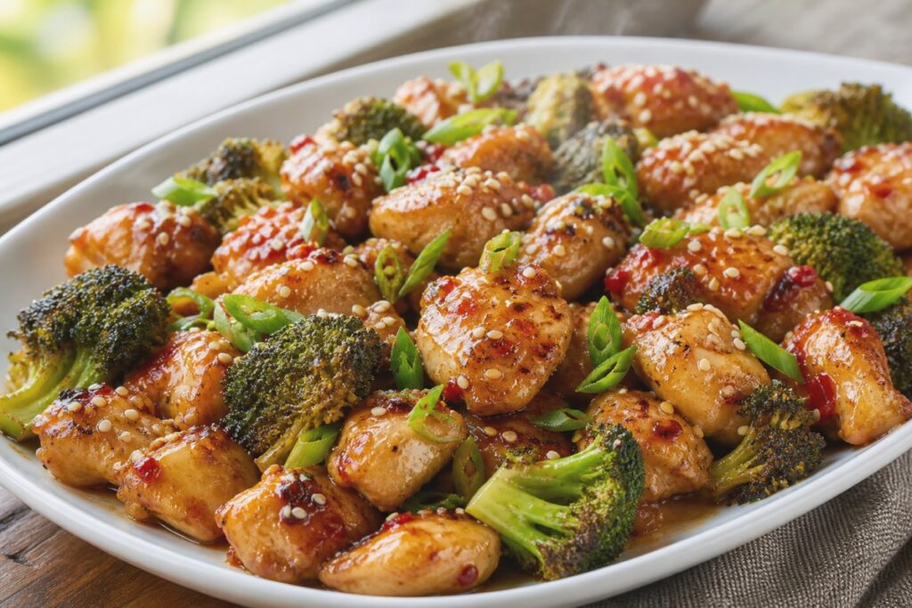 Lime Pepper Chinese Chicken Sheet Pan Dinner with broccoli finished recipe with vegetables and sauce