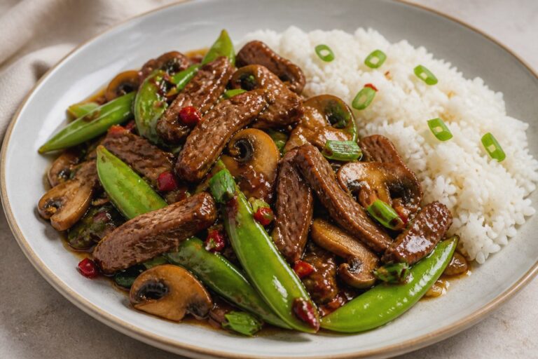 Honey Garlic Chinese Beef Sheet Pan Dinner with snap peas finished recipe with vegetables and sauce