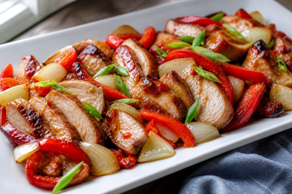Pepper Lime Chinese Pork Sheet Pan Dinner with red pepper finished recipe with vegetables and sauce