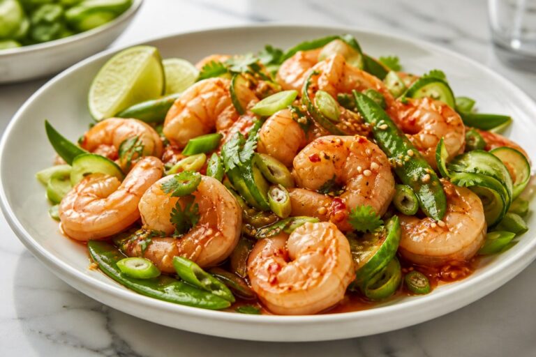 Sesame Chili Chinese Shrimp Sheet Pan Dinner with cucumber herbs finished recipe with vegetables and sauce