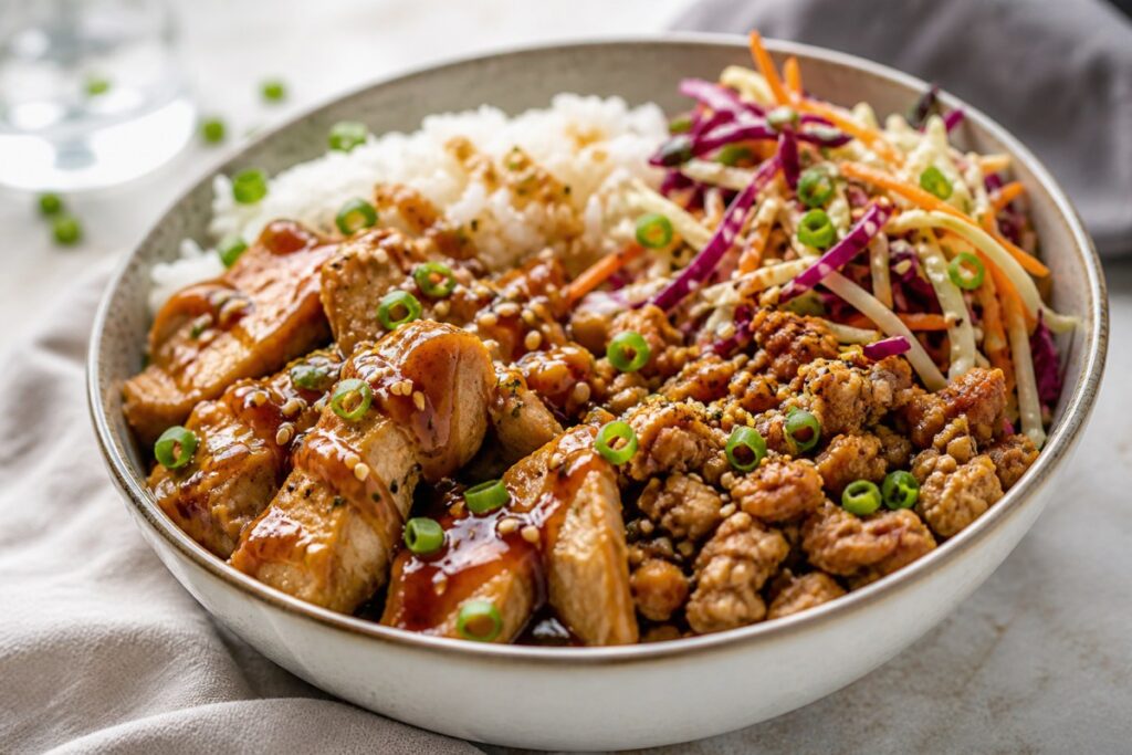 Sweet Heat Chinese Turkey Sheet Pan Dinner with cabbage finished recipe with vegetables and sauce