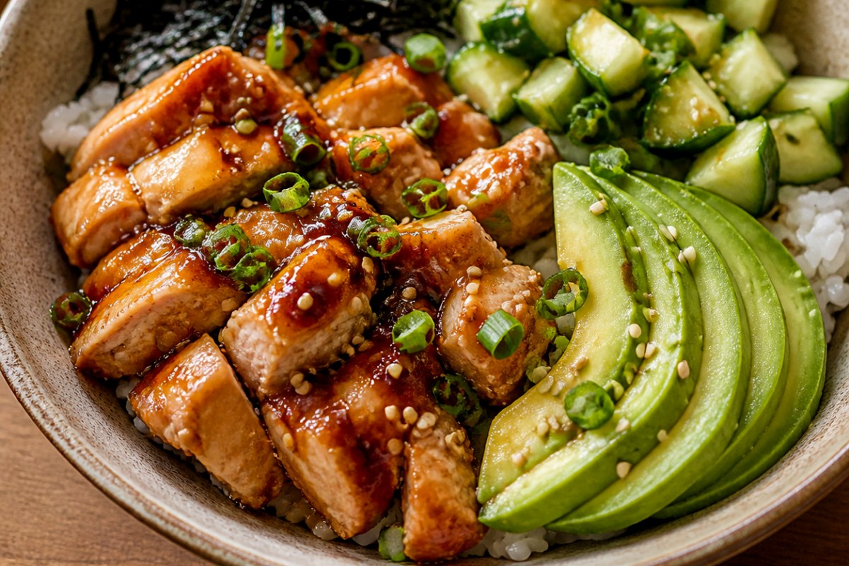 Quick Chili Garlic Sauce Shrimp Rice Bowl with broccoli finished recipe with vegetables and sauce