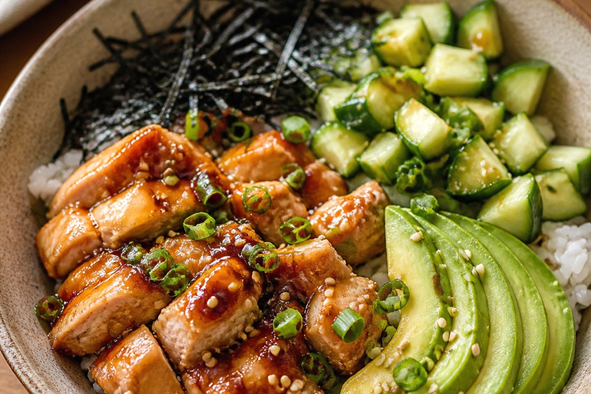 Quick Oyster Sauce Pork Rice Bowl with snap peas finished recipe with vegetables and sauce