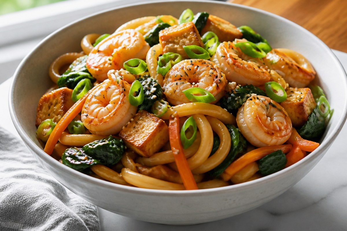 Quick Sweet Chili Sauce Chicken Noodle Bowl with red bell pepper finished recipe with vegetables and sauce