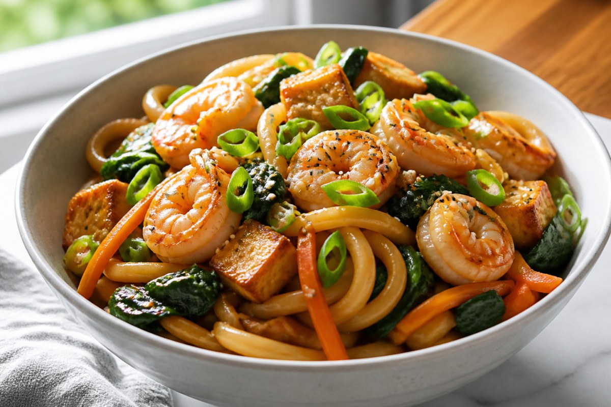 Quick Sweet Chili Sauce Shrimp Noodle Bowl with mushrooms finished recipe with vegetables and sauce
