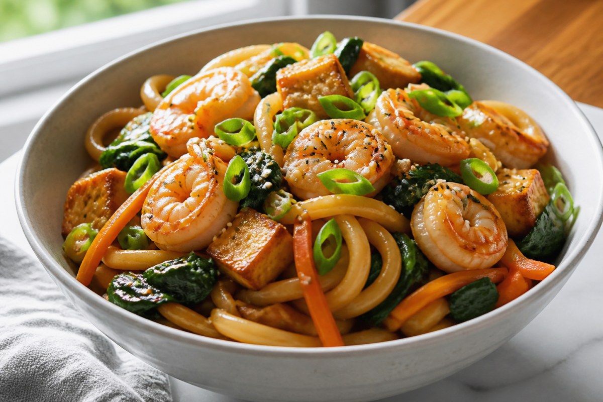 Quick Japanese BBQ Sauce Tofu Noodle Bowl with mushrooms finished recipe with vegetables and sauce