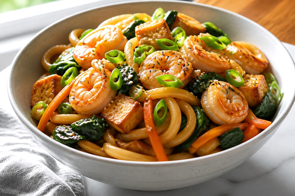 Garlic Japanese BBQ Sauce Beef Noodle Bowl with mushrooms finished recipe with vegetables and sauce