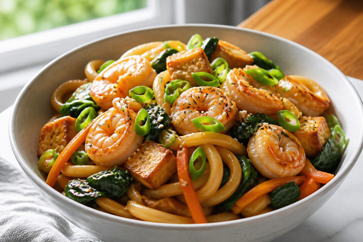Garlic Sesame Sauce Pork Noodle Bowl with zucchini finished recipe with vegetables and sauce