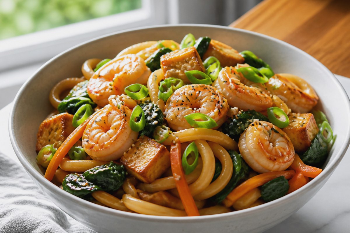 Garlic Sesame Sauce Turkey Noodle Bowl with zucchini finished recipe with vegetables and sauce